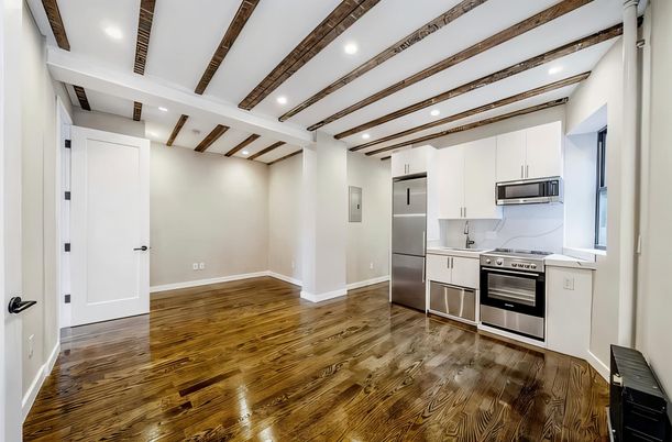 Interior, Kitchen, Recessed Lighting, Stainless Steel Appliances, Wooden Beams, Wood Texture Flooring