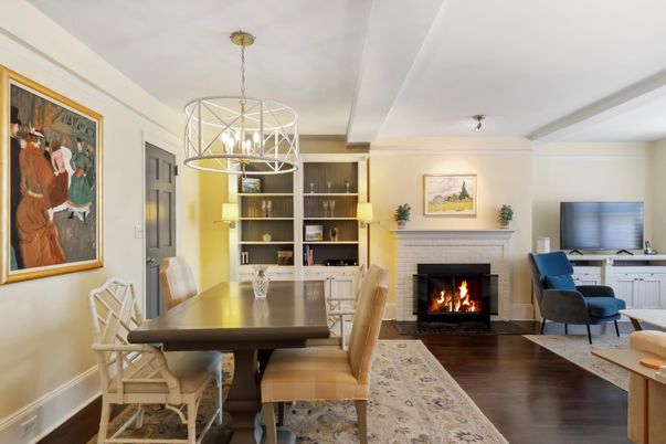 Dining room, Fireplace, Interior, Pendant Lights, Wood Texture Flooring