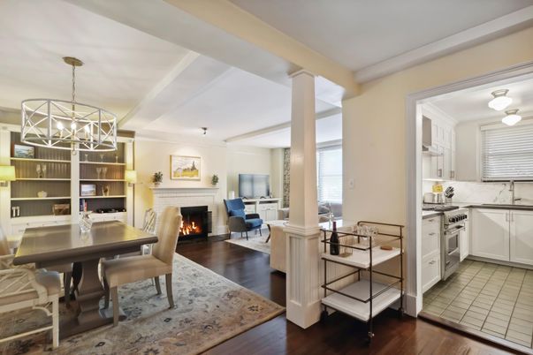 Chandelier, Dining room, Fireplace, Interior, Kitchen, Living room, Pendant Lights, Wood Texture Flooring