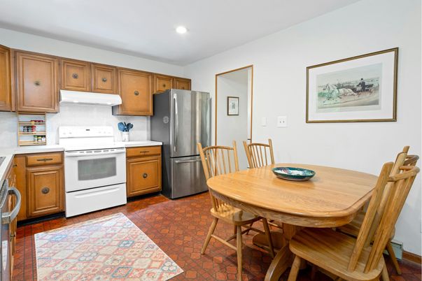 Dining room, Interior, Kitchen, Recessed Lighting, Stainless Steel Appliances, Wood Texture Flooring