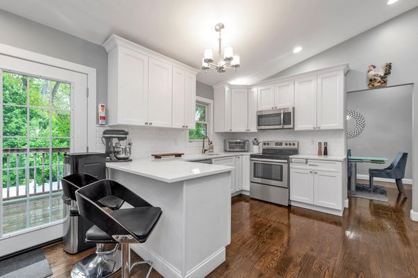 Chandelier, Interior, Kitchen, Recessed Lighting, Stainless Steel Appliances, Wood Texture Flooring