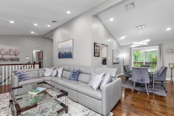 Dining room, Interior, Living room, Pendant Lights, Recessed Lighting, Wood Texture Flooring