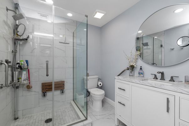 Bathroom, Glass Shower, Interior, Marble, Marble Walls, Recessed Lighting