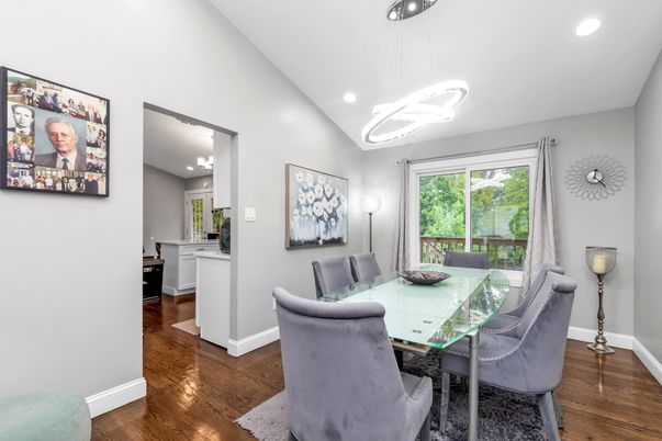 Dining room, Interior, Pendant Lights, Recessed Lighting, Wood Texture Flooring