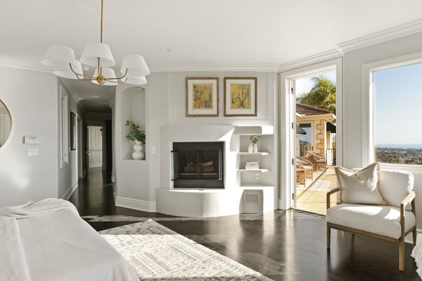 Bedroom, Chandelier, Fireplace, Interior, Water, Wood Texture Flooring