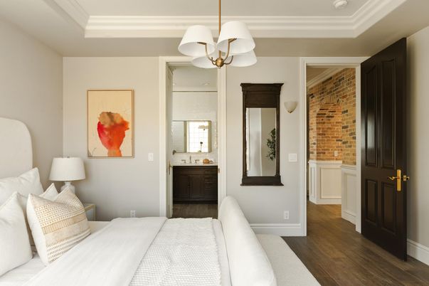Bedroom, Interior, Pendant Lights, Stone Walls, Wood Texture Flooring