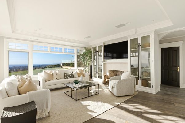 Fireplace, Interior, Living room, Recessed Lighting, Water, Wood Texture Flooring