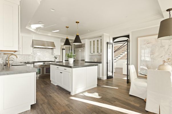 Dining room, Interior, Kitchen, Pendant Lights, Recessed Lighting, Stainless Steel Appliances, Wood Texture Flooring