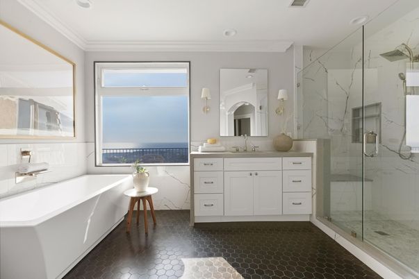 Bathroom, Free Standing Baths, Glass Shower, Interior, Marble Walls, Recessed Lighting