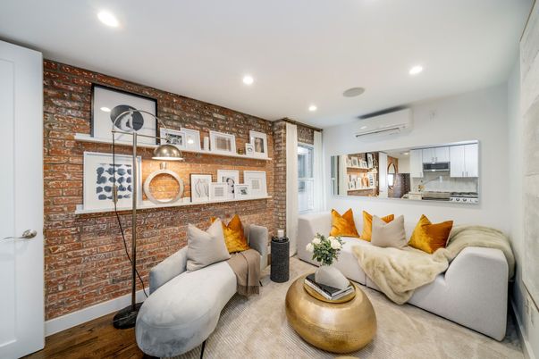 Interior, Kitchen, Living room, Recessed Lighting, Stainless Steel Appliances, Stone Walls, Wood Texture Flooring