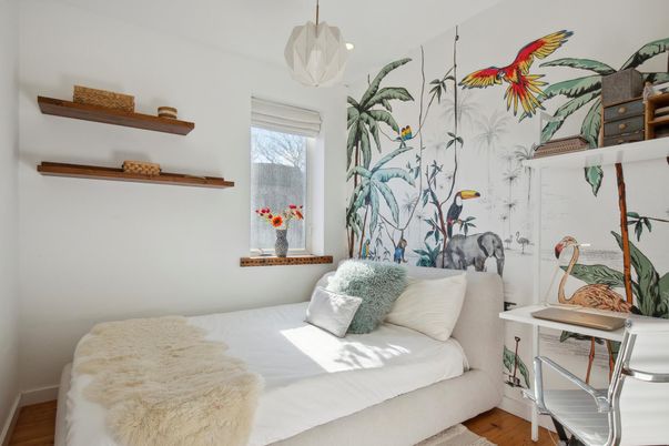 Bedroom, Interior, Pendant Lights, Wood Texture Flooring