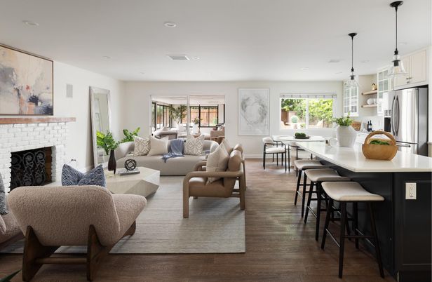 Dining room, Fireplace, Interior, Kitchen, Living room, Pendant Lights, Recessed Lighting, Stainless Steel Appliances, Wood Texture Flooring