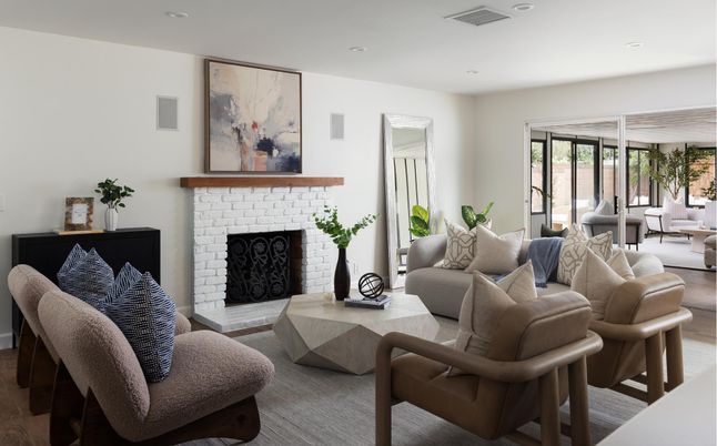Fireplace, Interior, Living room, Recessed Lighting, Wood Texture Flooring
