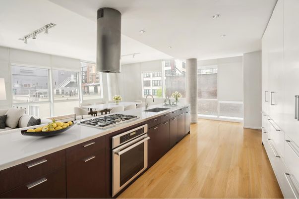 Dining room, Interior, Kitchen, Recessed Lighting, Stainless Steel Appliances, Wood Texture Flooring