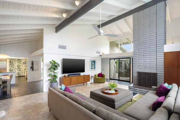 Fireplace, Interior, Living room, Pendant Lights, Stone Walls