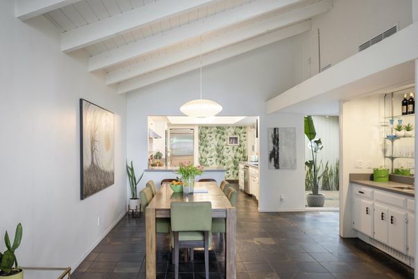 Dining room, Interior, Pendant Lights, Wood Texture Flooring