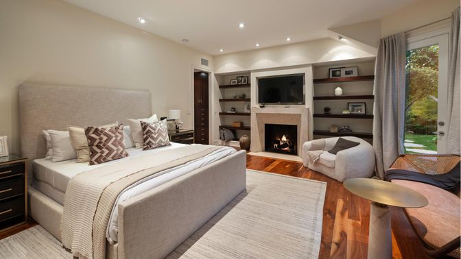 Bedroom, Fireplace, Interior, Recessed Lighting, Wood Texture Flooring