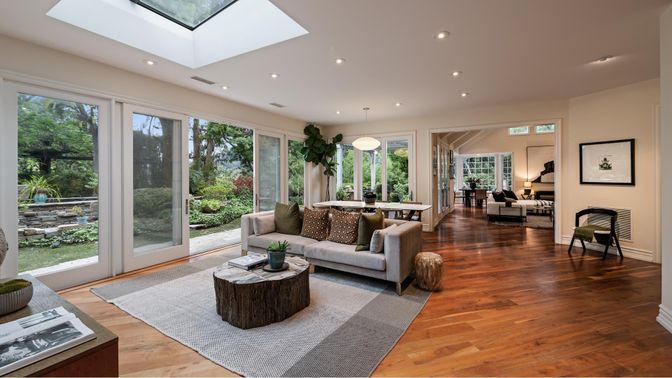 Dining room, Interior, Living room, Recessed Lighting, Wood Texture Flooring