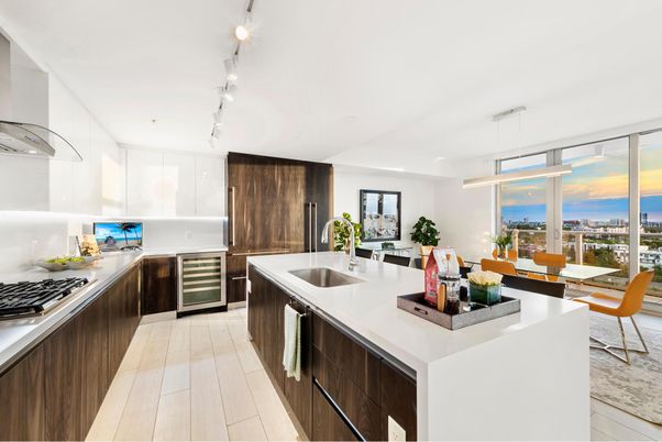 Dining room, Interior, Kitchen, Pendant Lights, Stainless Steel Appliances, Water, Wood Texture Flooring