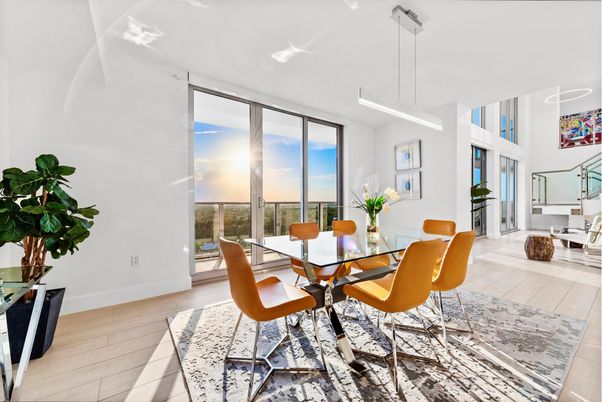 Dining room, Interior, Pendant Lights, Wood Texture Flooring