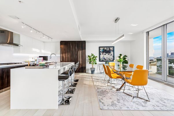 Dining room, Interior, Kitchen, Stainless Steel Appliances, Water, Wood Texture Flooring