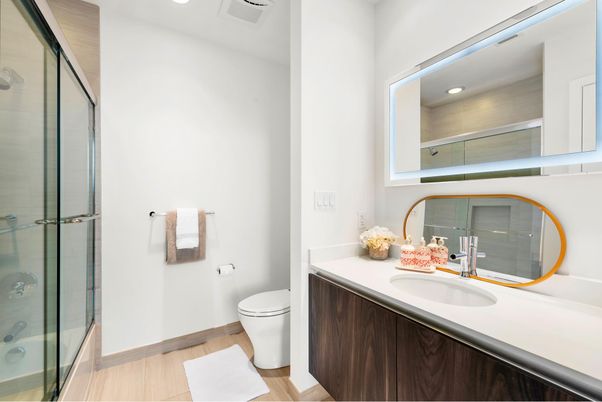 Bathroom, Glass Shower, Interior, Recessed Lighting, Wood Texture Flooring