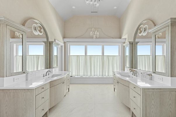Bathroom, Dual Sink Vanities, Interior, Marble, Pendant Lights, Recessed Lighting
