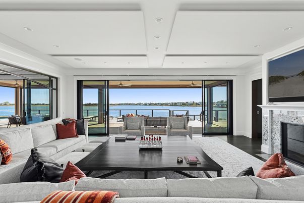 Fireplace, Interior, Living room, Recessed Lighting, Water, Wood Texture Flooring