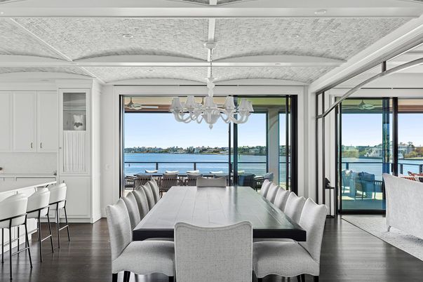 Chandelier, Dining room, Interior, Recessed Lighting, Water, Wood Texture Flooring