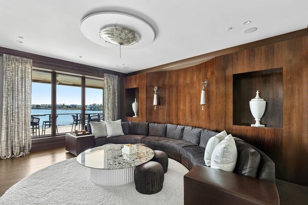 Interior, Living room, Recessed Lighting, Water, Wood Texture Flooring, Wooden Walls