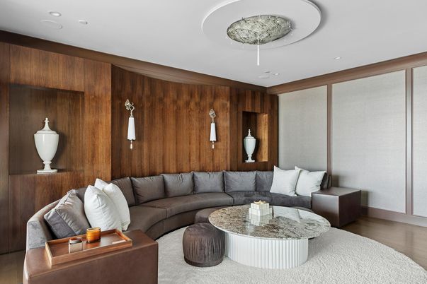 Interior, Living room, Recessed Lighting, Wood Texture Flooring, Wooden Walls