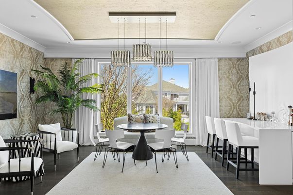 Chandelier, Dining room, Interior, Pendant Lights, Recessed Lighting, Wood Texture Flooring