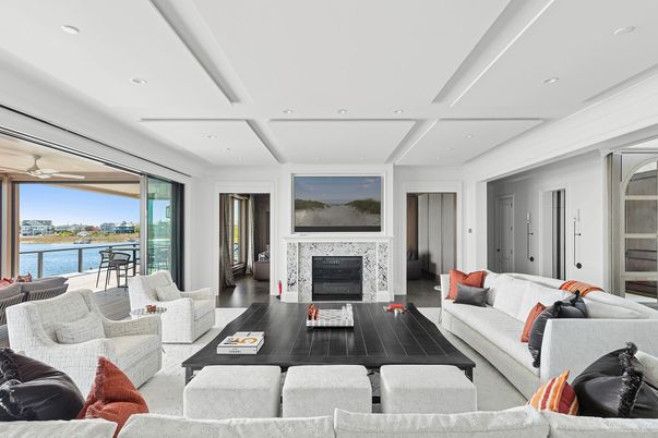Fireplace, Interior, Living room, Recessed Lighting, Water, Wood Texture Flooring