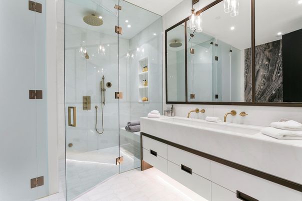 Bathroom, Glass Shower, Interior, Recessed Lighting