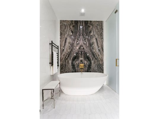 Bathroom, Free Standing Baths, Interior, Marble, Marble Walls, Recessed Lighting