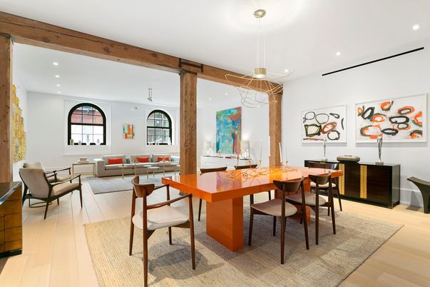 Dining room, Interior, Living room, Pendant Lights, Recessed Lighting, Wooden Beams, Wood Texture Flooring