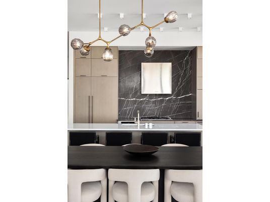 Dining room, Interior, Kitchen, Marble Walls, Pendant Lights