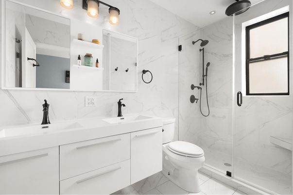 Bathroom, Dual Sink Vanities, Glass Shower, Interior, Marble, Marble Walls, Recessed Lighting