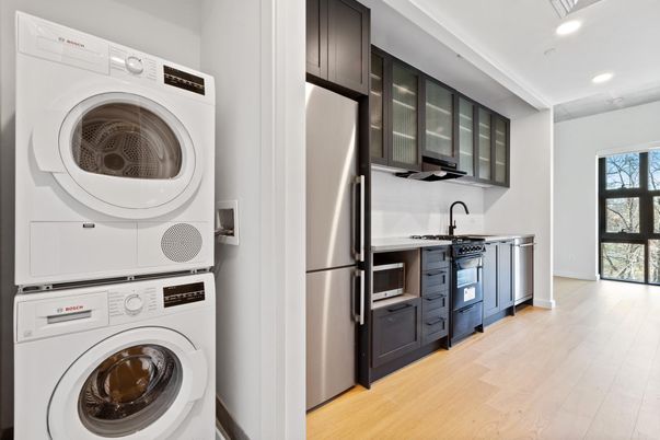 Interior, Kitchen, Recessed Lighting, Utility Closets, Washer, Wood Texture Flooring