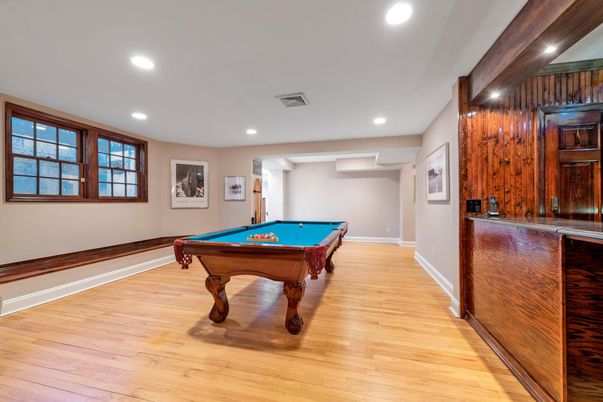 Billiard Table, Game Room, Interior, Recessed Lighting, Wood Texture Flooring, Wooden Walls