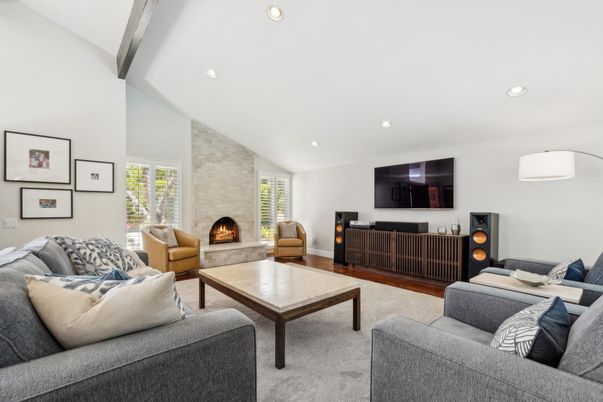 Fireplace, Interior, Living room, Recessed Lighting, Stone Walls, Wooden Beams