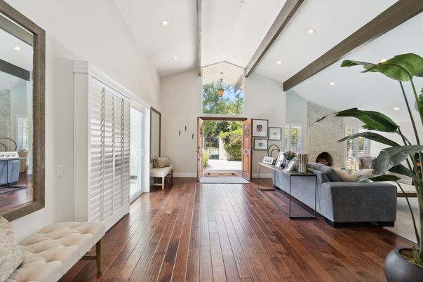 Fireplace, Interior, Living room, Recessed Lighting, Wooden Beams, Wood Texture Flooring