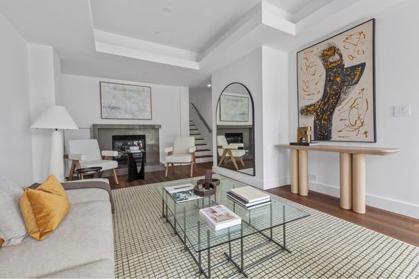 Fireplace, Interior, Living room, Recessed Lighting, Wood Texture Flooring