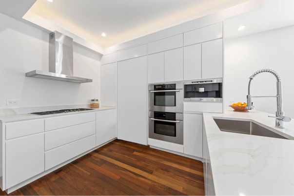 Interior, Kitchen, Recessed Lighting, Stainless Steel Appliances, Wood Texture Flooring