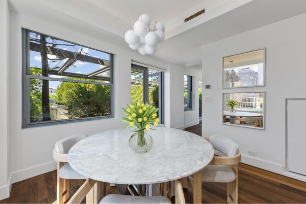 Dining room, Interior, Pendant Lights, Wood Texture Flooring