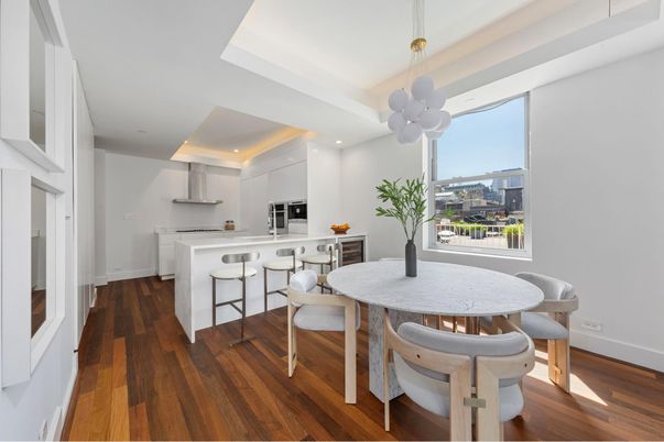 Dining room, Interior, Kitchen, Pendant Lights, Recessed Lighting, Stainless Steel Appliances, Wood Texture Flooring