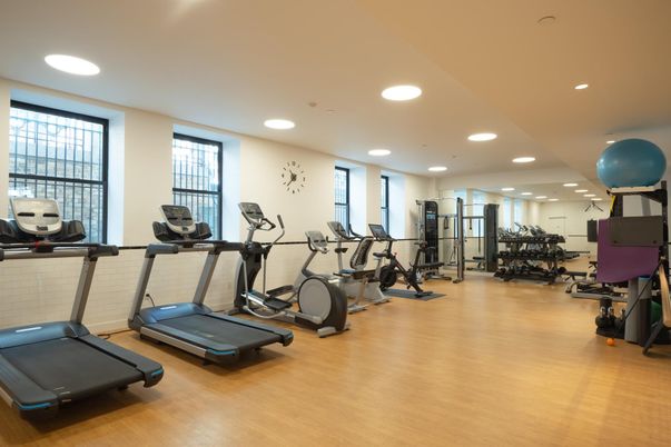 Fitness Equipment, Gym, Interior, Recessed Lighting, Wood Texture Flooring
