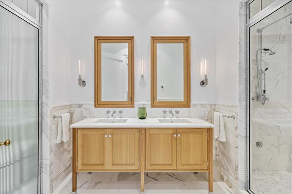 Bathroom, Dual Sink Vanities, Glass Shower, Interior, Marble, Marble Walls