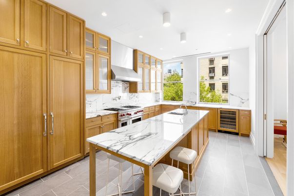 Interior, Kitchen, Marble Walls, Recessed Lighting, Stainless Steel Appliances