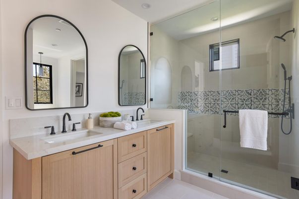 Bathroom, Dual Sink Vanities, Glass Shower, Interior, Pendant Lights, Recessed Lighting